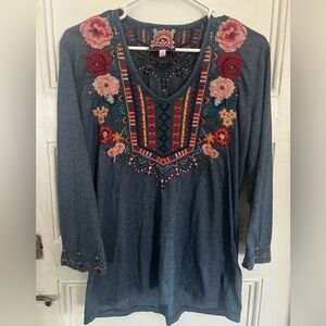 Johnny Was Blue Embroidered Boho Top